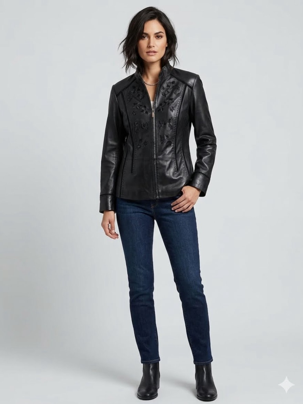 Coldwater Creek Elegant Genuine Black Leather Jacket with Floral Cutwork Medium